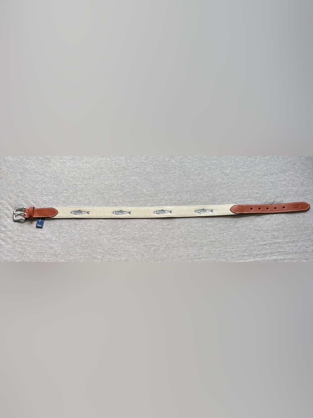 Vineyard Vines Cream Canvas Belt with Fish Embroidery and Brown Leather Trim